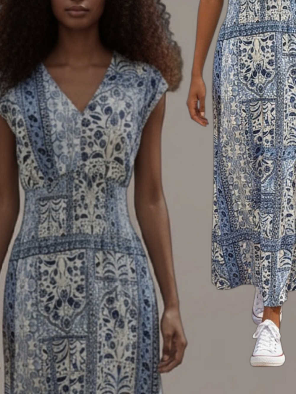 Old Navy Blue White Tile Print Smocked Maxi Dress Coastal Boho XS Tall